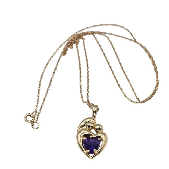 Mother & Child14K Gold Amethyst Heart Pendant Necklace 18" - Picture 2 of 16